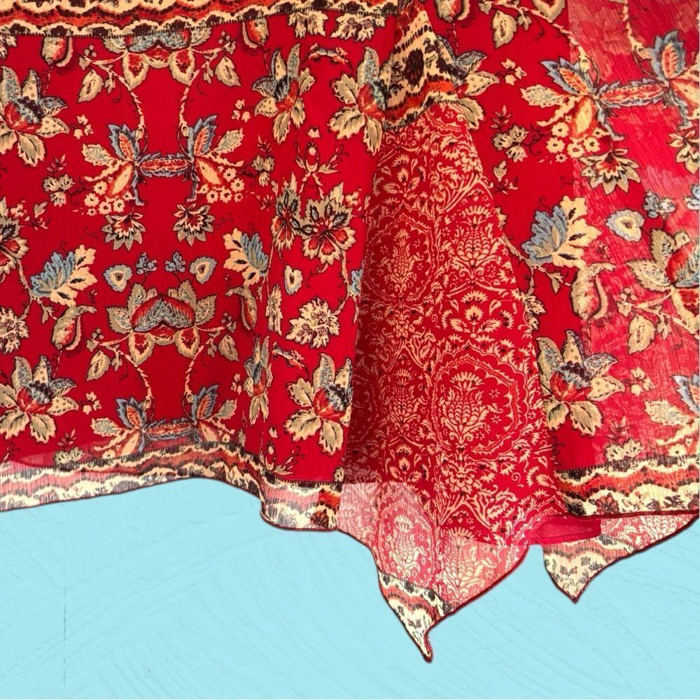 90s vintage red paisley midi skirt asymmetrical hem - Picture 2 of 9